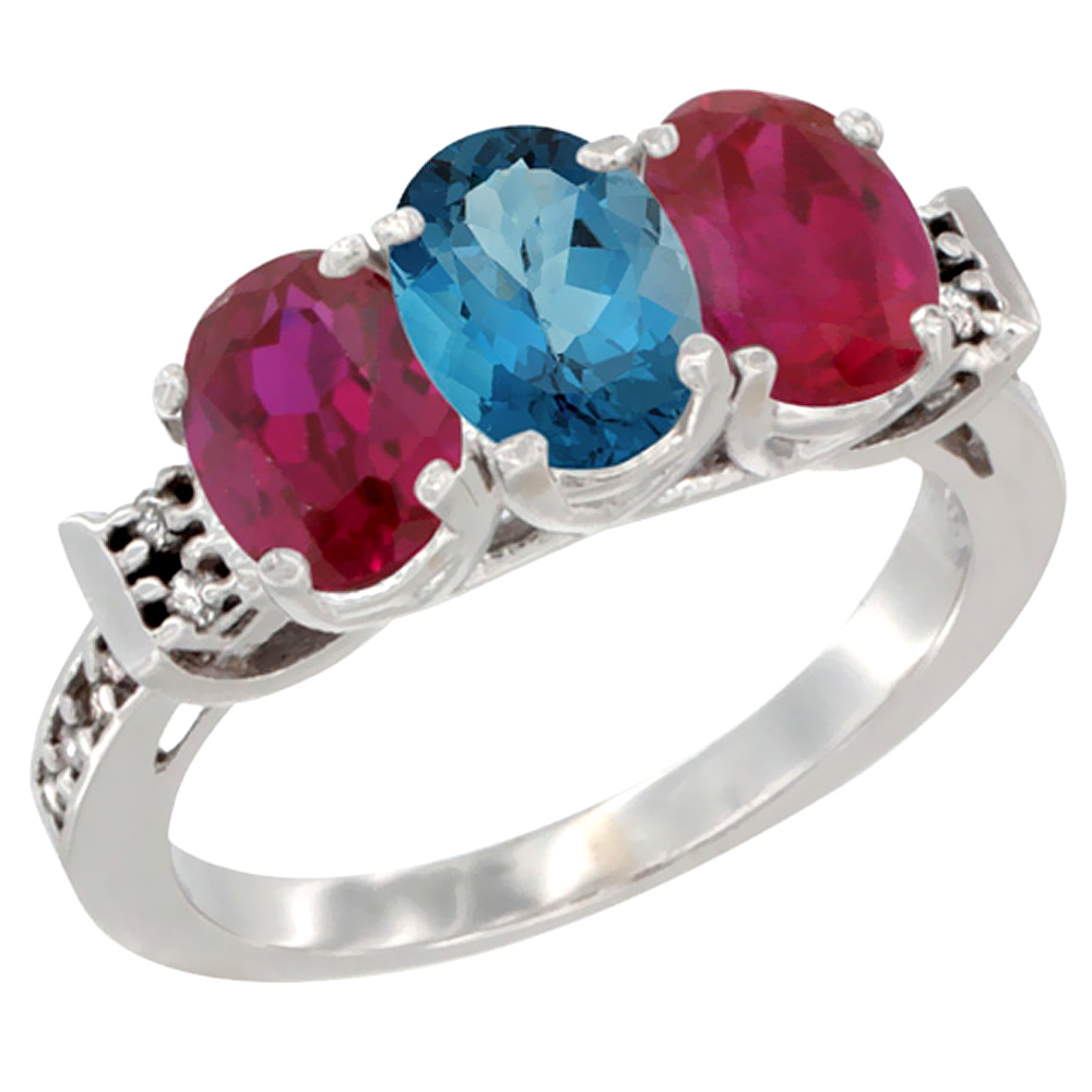 14K White Gold Natural London Blue Topaz & Enhanced Ruby Sides Ring 3-Stone Oval 7x5 mm Diamond Accent, sizes 5 - 10