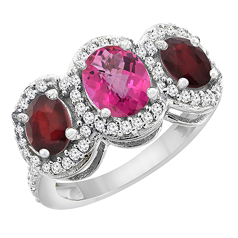 14K White Gold Natural Pink Topaz & Enhanced Ruby 3-Stone Ring Oval Diamond Accent, sizes 5 - 10