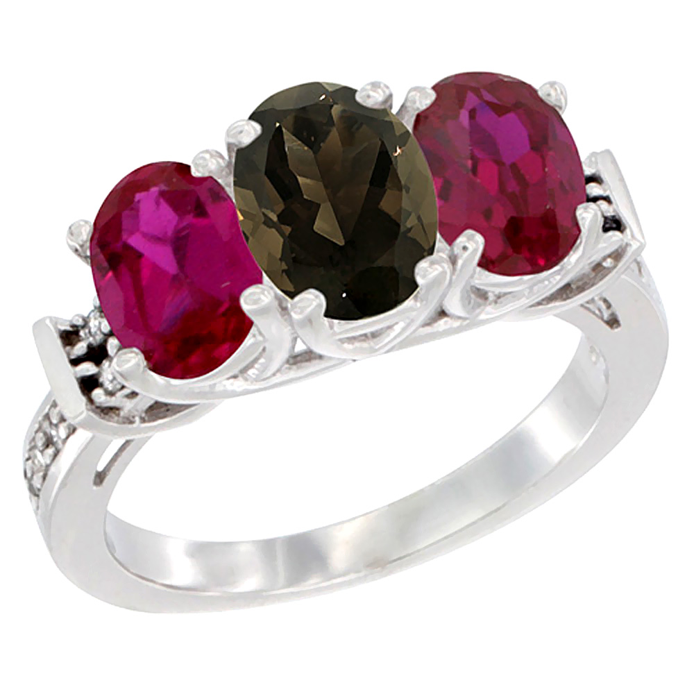 14K White Gold Natural Smoky Topaz &amp; Enhanced Ruby Sides Ring 3-Stone Oval Diamond Accent, sizes 5 - 10