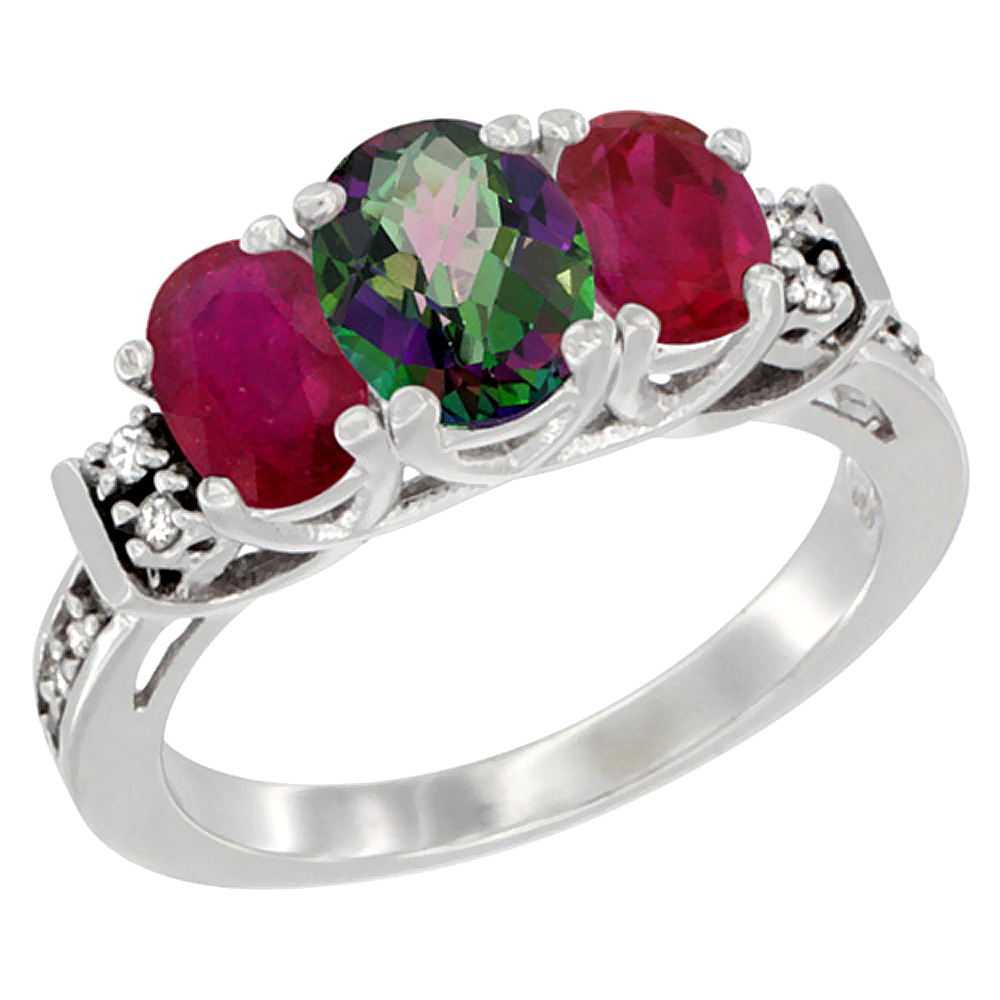 10K White Gold Natural Mystic Topaz & Enhanced Ruby Ring 3-Stone Oval Diamond Accent, sizes 5-10