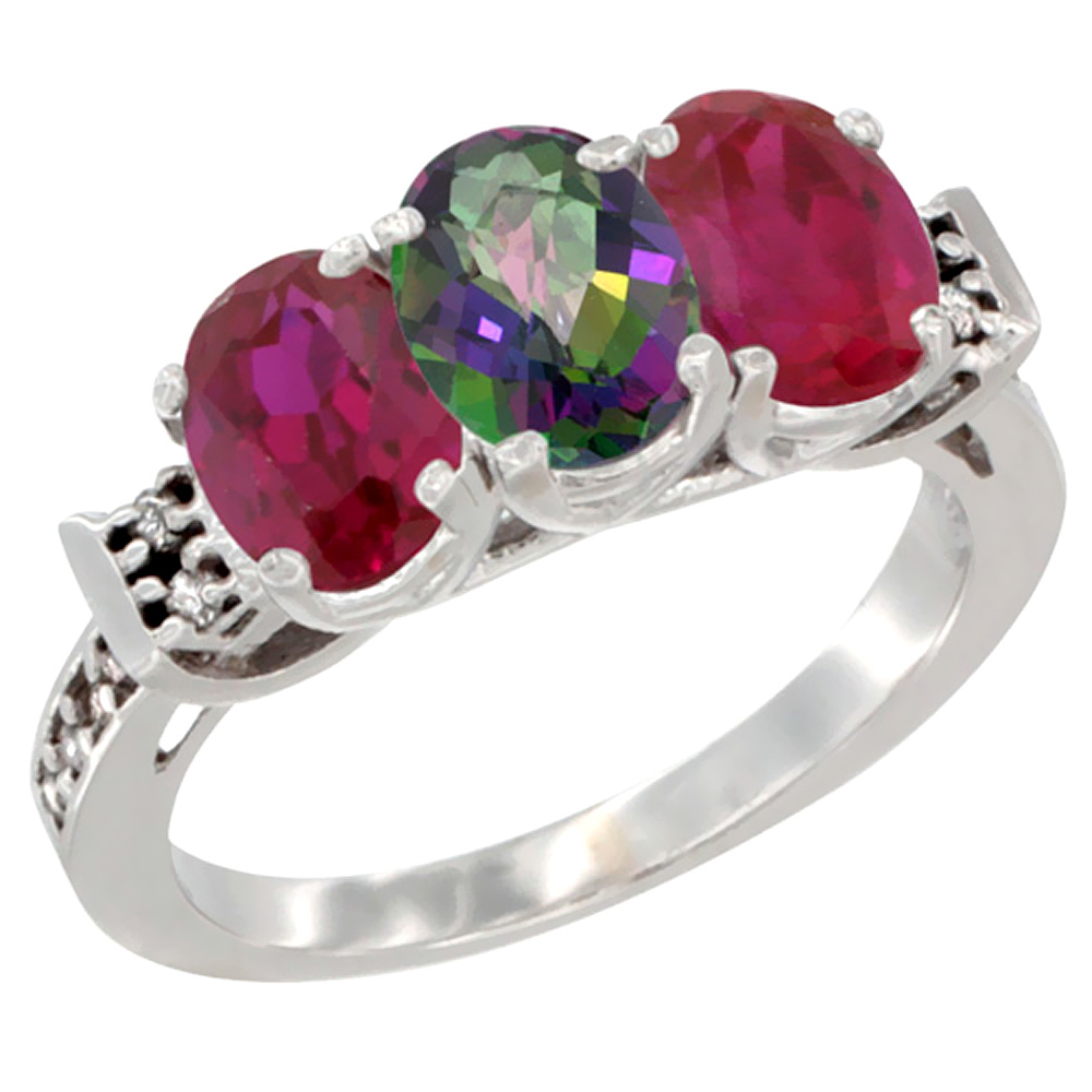 10K White Gold Natural Mystic Topaz & Enhanced Ruby Sides Ring 3-Stone Oval 7x5 mm Diamond Accent, sizes 5 - 10