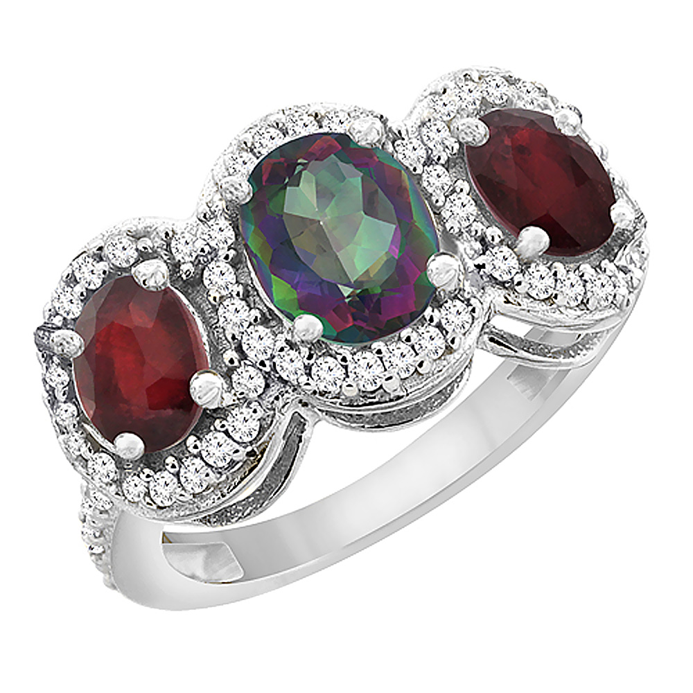 10K White Gold Natural Mystic Topaz & Enhanced Ruby 3-Stone Ring Oval Diamond Accent, sizes 5 - 10