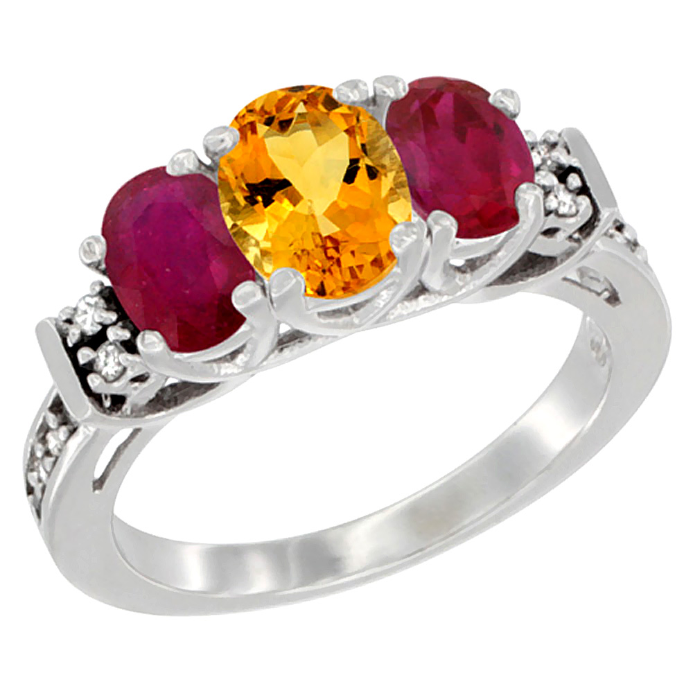 10K White Gold Natural Citrine &amp; Enhanced Ruby Ring 3-Stone Oval Diamond Accent, sizes 5-10