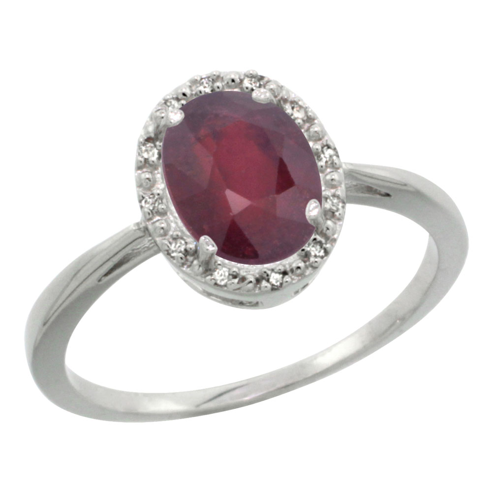 10K White Gold Natural Quality Ruby Diamond Halo Engagement Ring Oval 8X6mm, size 5-10