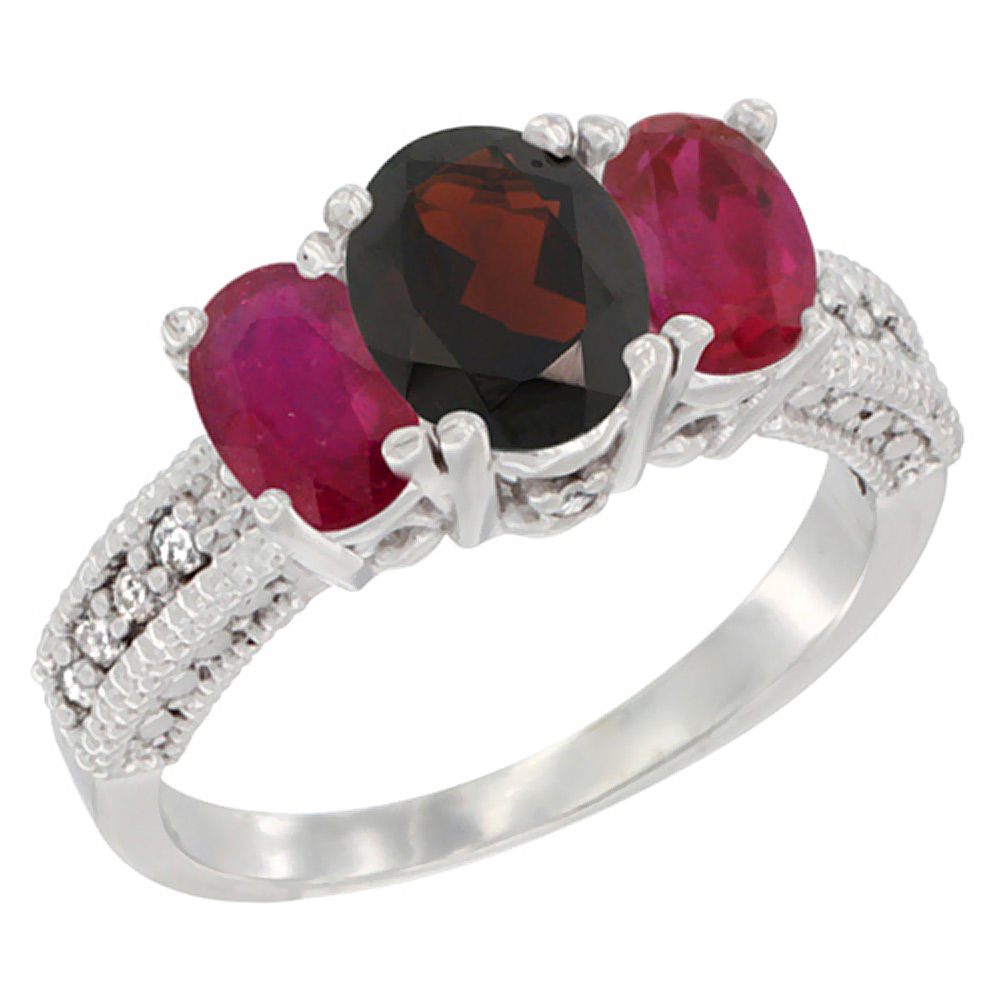 10K White Gold Diamond Natural Garnet Ring Oval 3-stone with Enhanced Ruby, sizes 5 - 10