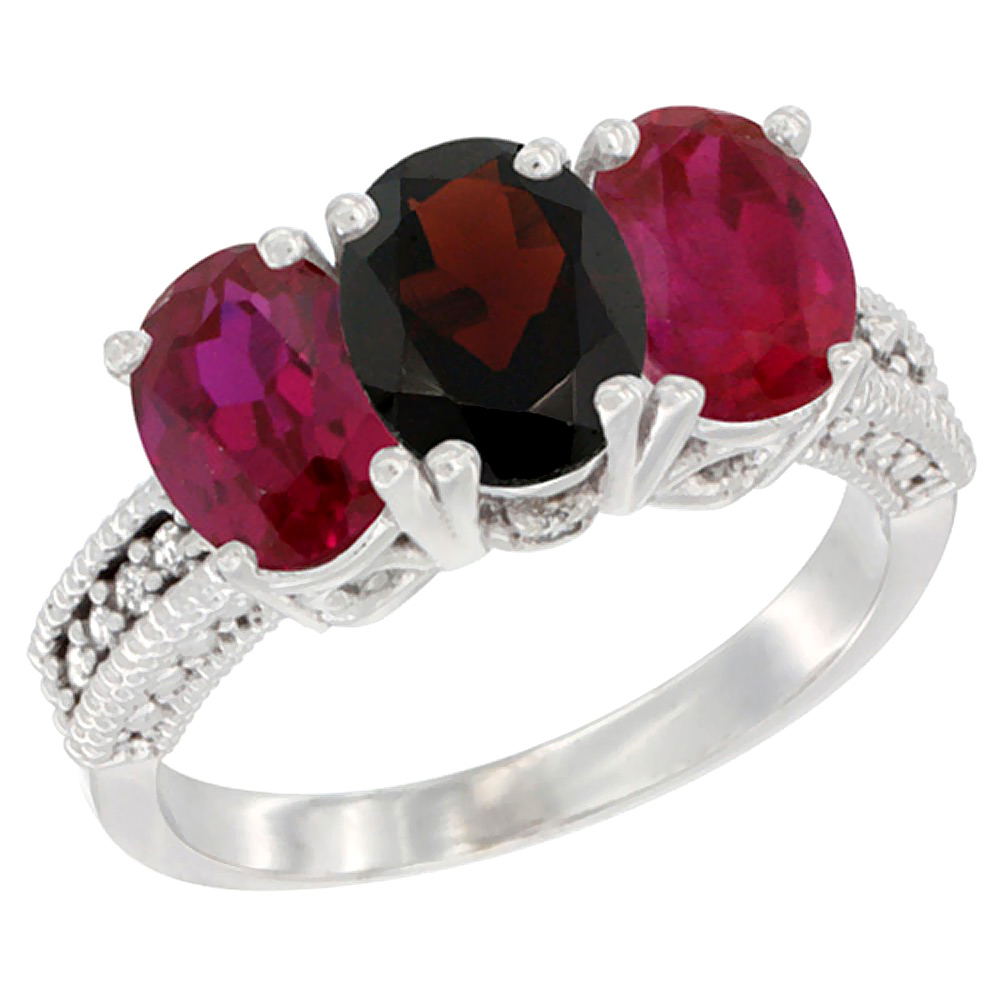 14K White Gold Natural Garnet & Enhanced Ruby Sides Ring 3-Stone Oval 7x5 mm Diamond Accent, sizes 5 - 10