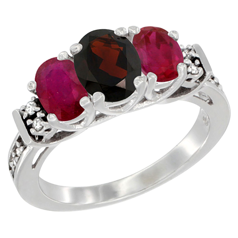 10K White Gold Natural Garnet & Enhanced Ruby Ring 3-Stone Oval Diamond Accent, sizes 5-10