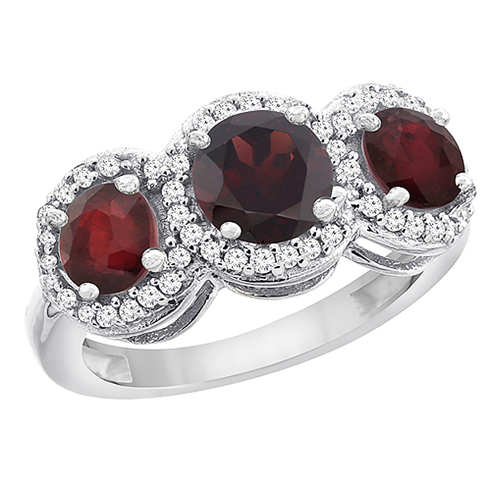 14K White Gold Natural Garnet & Enhanced Ruby Sides Round 3-stone Ring Diamond Accents, sizes 5 - 10