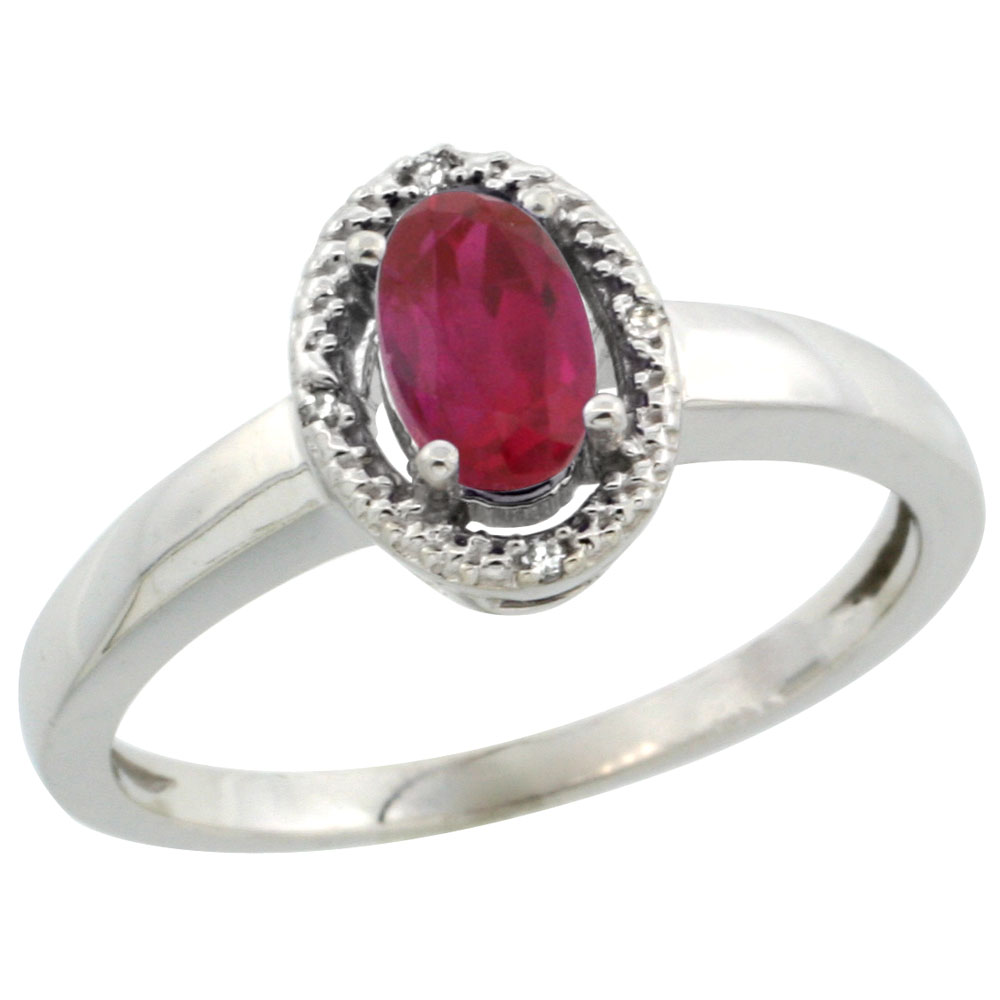 10K White Gold Diamond Halo Enhanced Ruby Engagement Ring Oval 6X4 mm, sizes 5-10