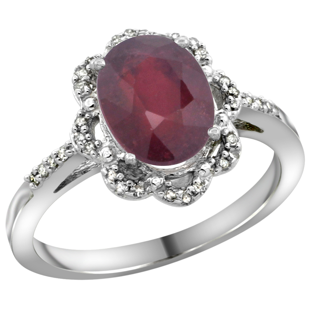 10K White Gold Diamond Halo Natural High Quality Ruby Engagement Ring Oval 9x7mm, sizes 5-10