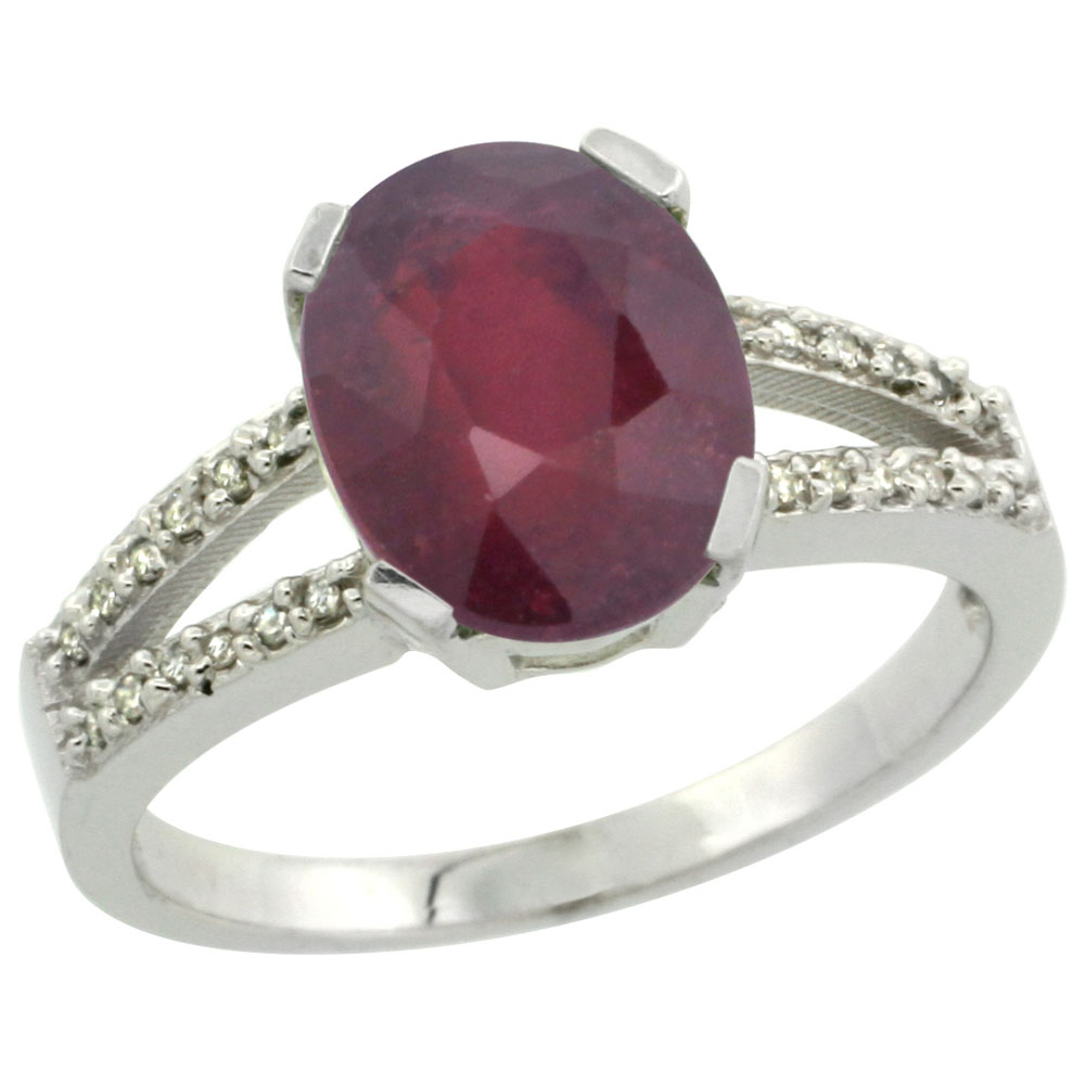 10K White Gold Diamond Enhanced Genuine Ruby Engagement Ring Oval 10x8mm, sizes 5-10