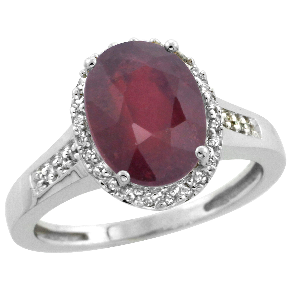 14K White Gold Diamond Enhanced Genuine Ruby Engagement Ring Oval 10x8mm, sizes 5-10