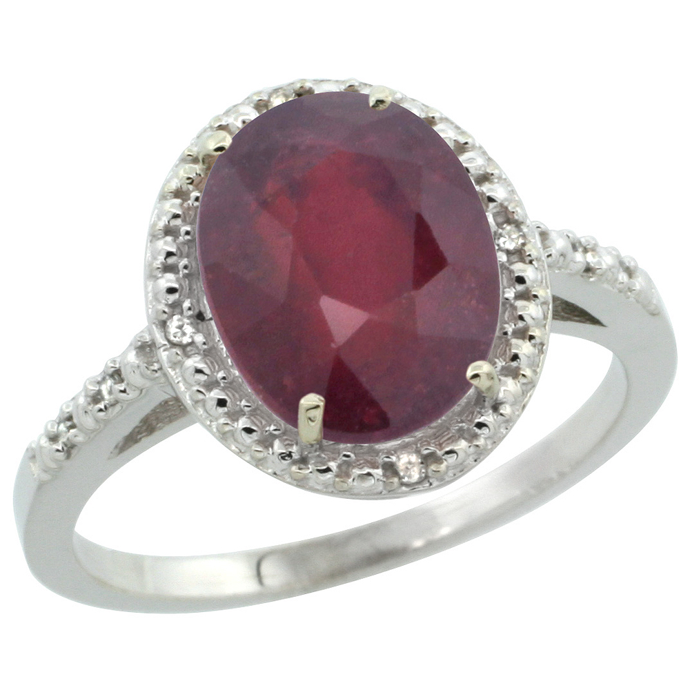 10K White Gold Diamond Enhanced Genuine Ruby Engagement Ring Oval 10x8mm, sizes 5-10