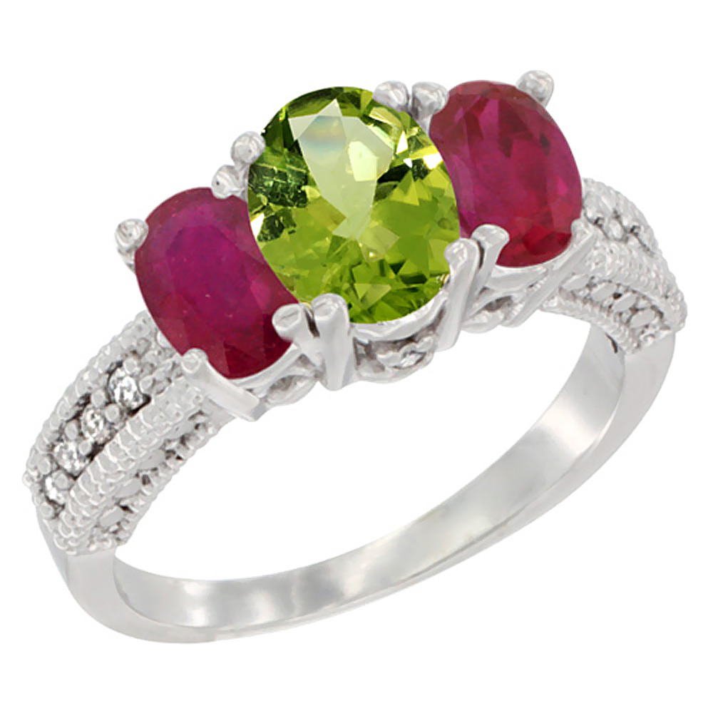 14K White Gold Diamond Natural Peridot Ring Oval 3-stone with Enhanced Ruby, sizes 5 - 10