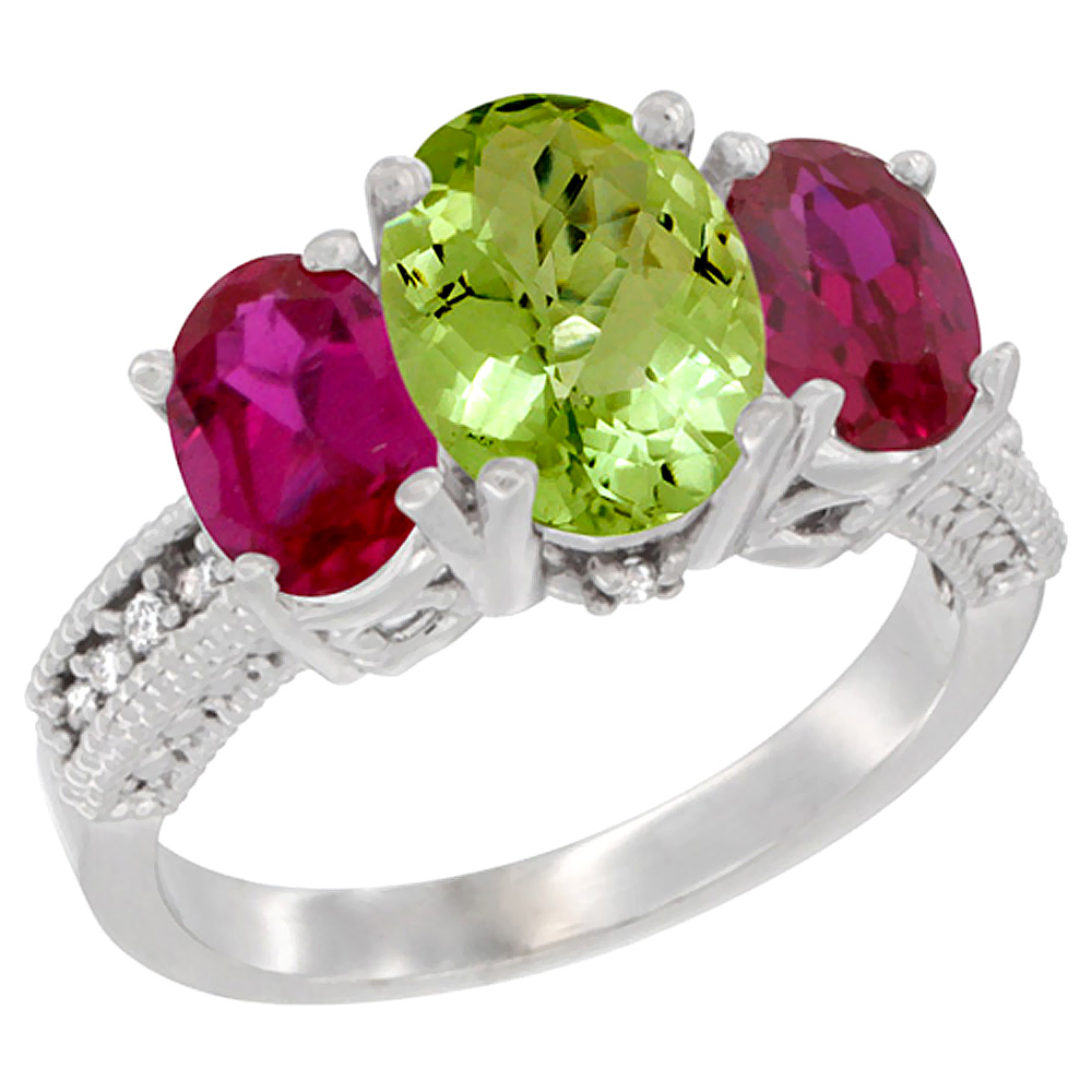 14K White Gold Diamond Natural Peridot Ring 3-Stone Oval 8x6mm with Ruby, sizes5-10