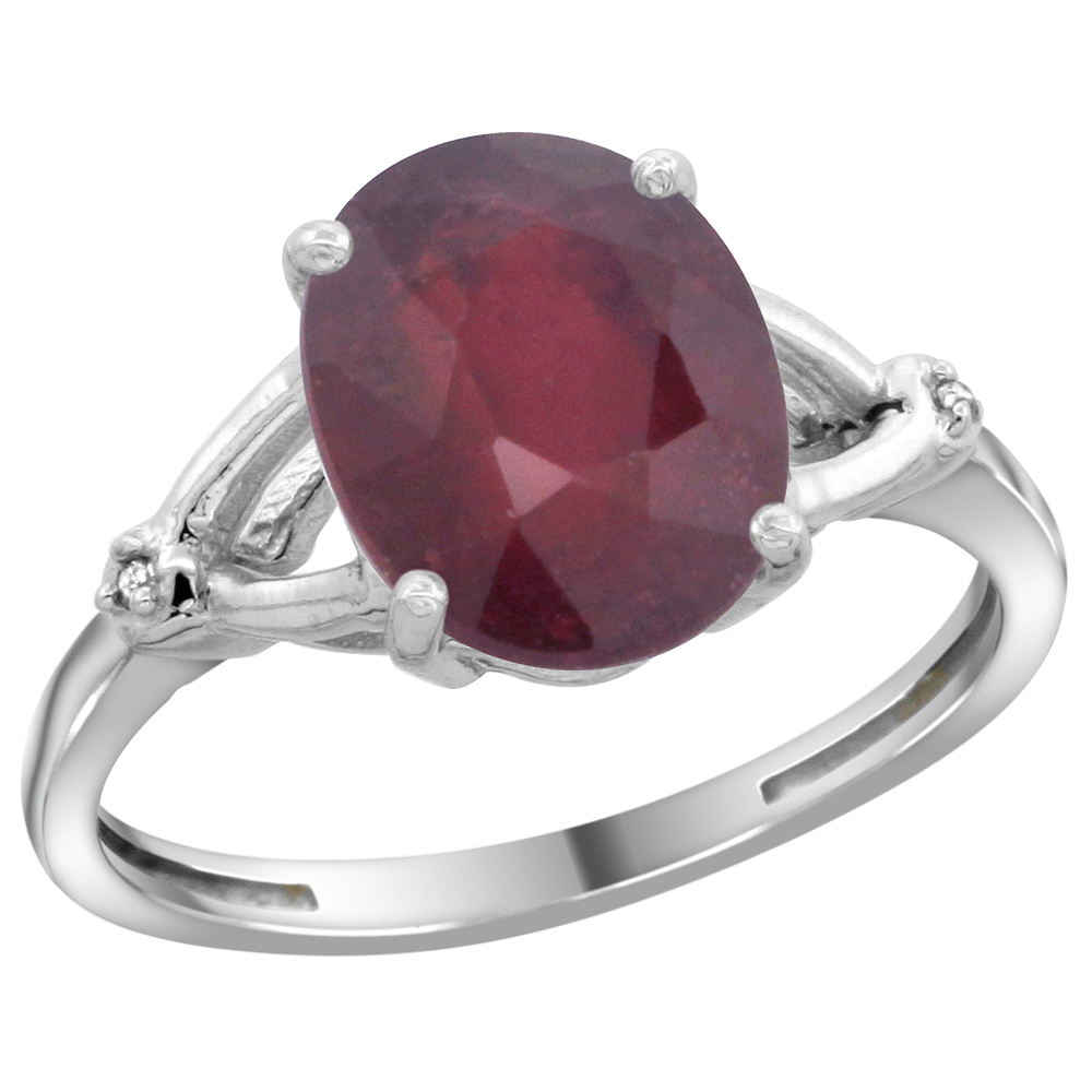 14K White Gold Diamond Enhanced Genuine Ruby Engagement Ring Oval 10x8mm, sizes 5-10