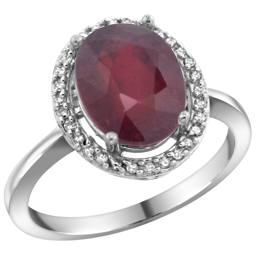 14K White Gold Diamond Enhanced Genuine Ruby Engagement Ring Oval 10x8mm, sizes 5-10