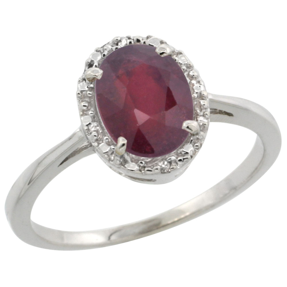 10k White Gold Enhanced Ruby Ring Oval 8x6 mm Diamond Halo, sizes 5-10