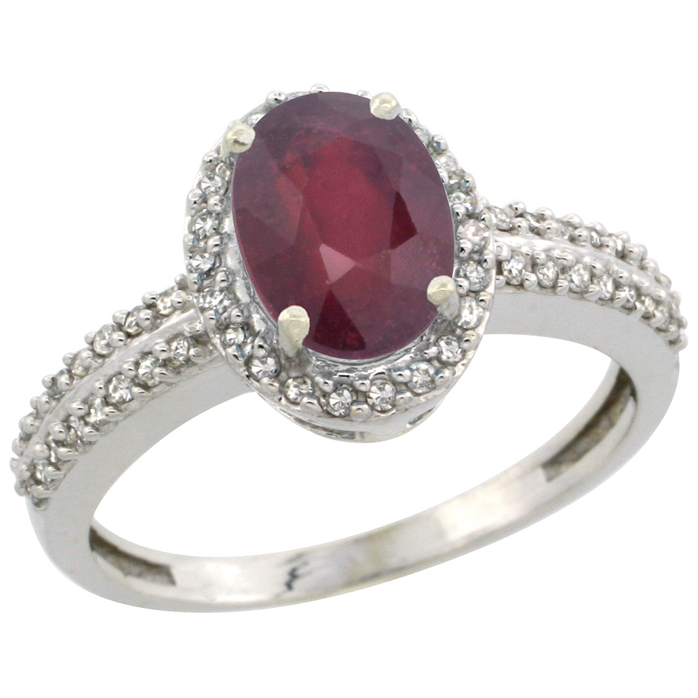 10k White Gold Enhanced Ruby Ring Oval 8x6mm Diamond Halo, sizes 5-10