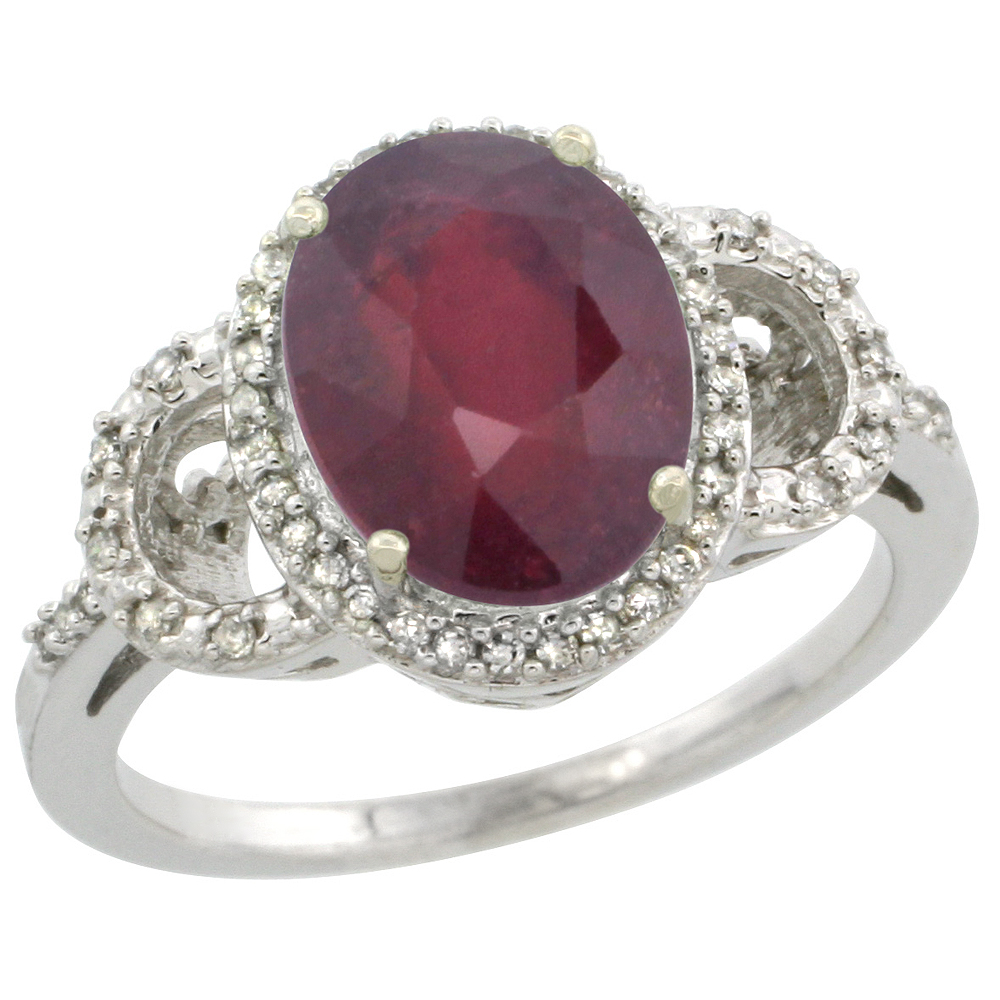 14K White Gold Diamond Enhanced Genuine Ruby Engagement Ring Oval 10x8mm, sizes 5-10