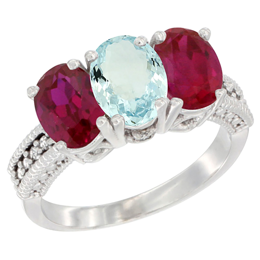 14K White Gold Natural Aquamarine & Enhanced Ruby Sides Ring 3-Stone Oval 7x5 mm Diamond Accent, sizes 5 - 10