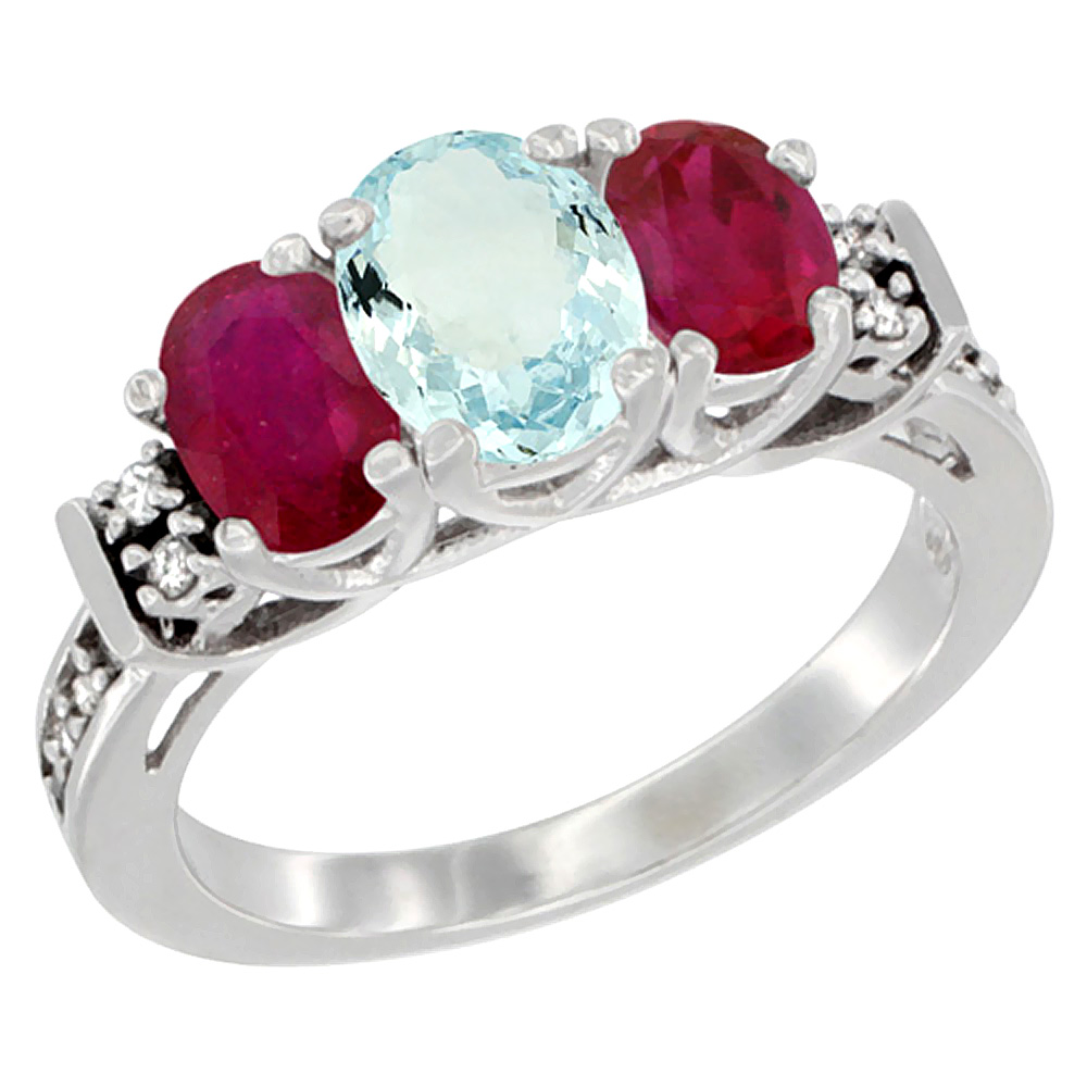 10K White Gold Natural Aquamarine & Enhanced Ruby Ring 3-Stone Oval Diamond Accent, sizes 5-10