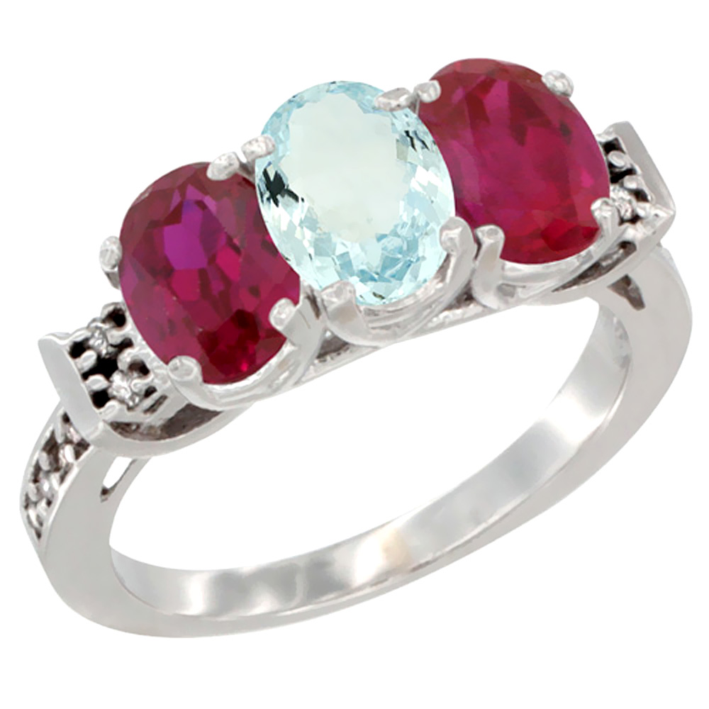 14K White Gold Natural Aquamarine & Enhanced Ruby Sides Ring 3-Stone Oval 7x5 mm Diamond Accent, sizes 5 - 10