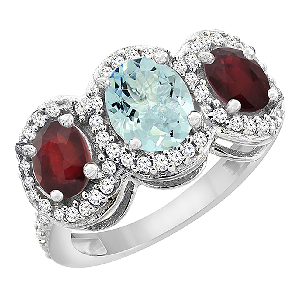 14K White Gold Natural Aquamarine & Enhanced Ruby 3-Stone Ring Oval Diamond Accent, sizes 5 - 10