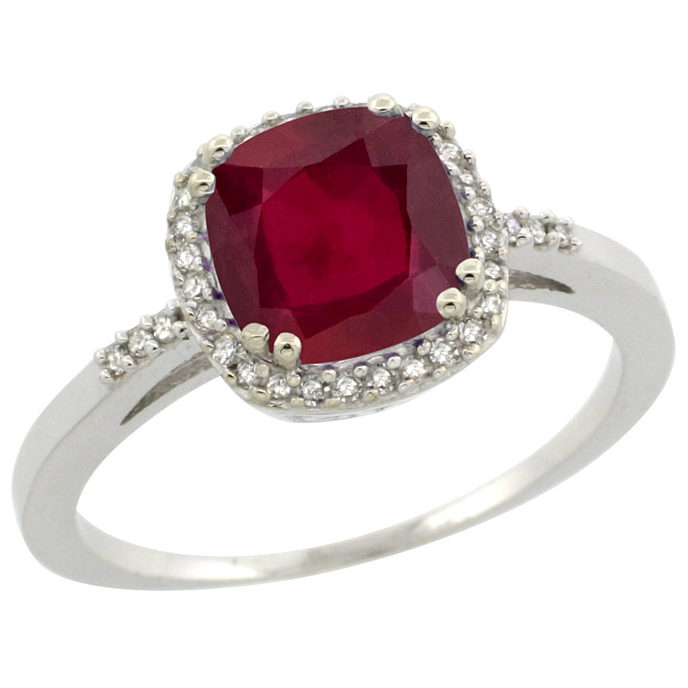 10K White Gold Diamond Enhanced Genuine Ruby Ring Cushion-cut 7x7mm, sizes 5-10