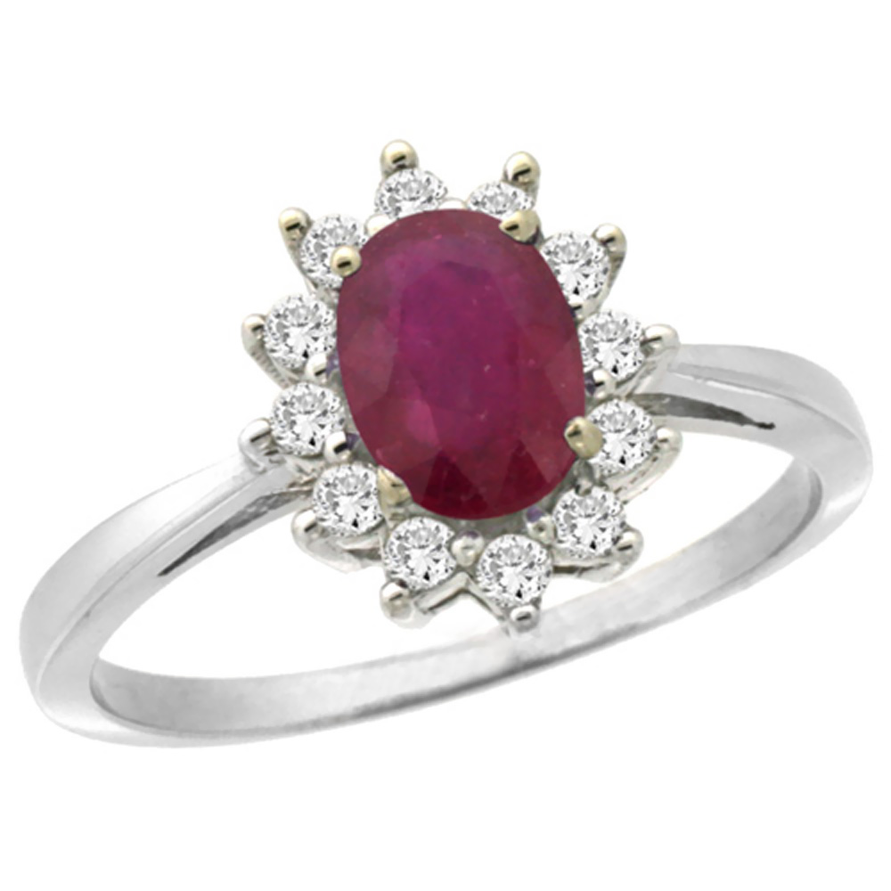10k White Gold Enhanced Genuine Ruby Engagement Ring Oval 7x5mm Diamond Halo, sizes 5-10