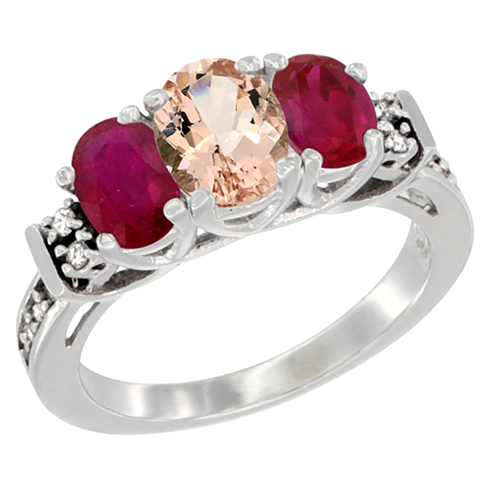 14K White Gold Natural Morganite &amp; Enhanced Ruby Ring 3-Stone Oval Diamond Accent, sizes 5-10