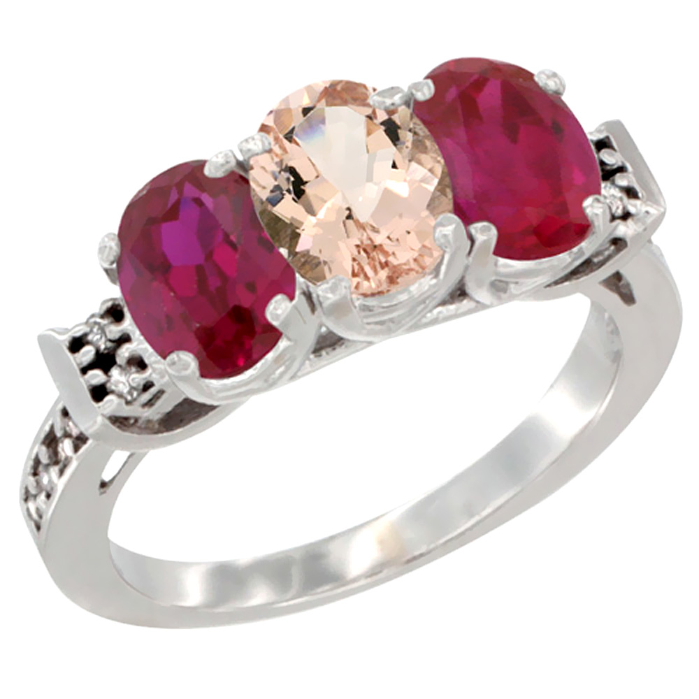 14K White Gold Natural Morganite &amp; Enhanced Ruby Sides Ring 3-Stone Oval 7x5 mm Diamond Accent, sizes 5 - 10