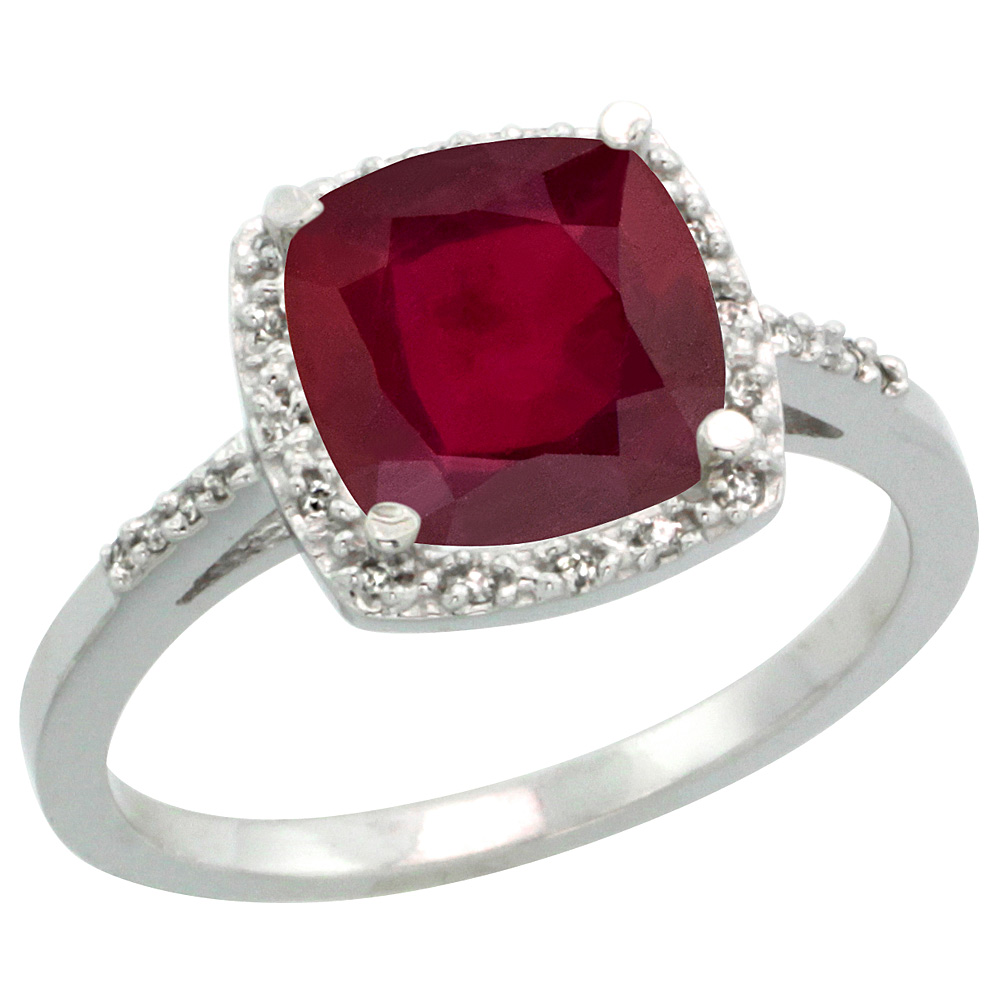 14K Yellow Gold Diamond Enhanced Genuine Ruby Ring Cushion-cut 8x8 mm, sizes 5-10