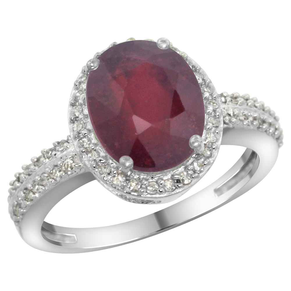 14K White Gold Diamond Enhanced Genuine Ruby Engagement Ring Oval 10x8mm, sizes 5-10