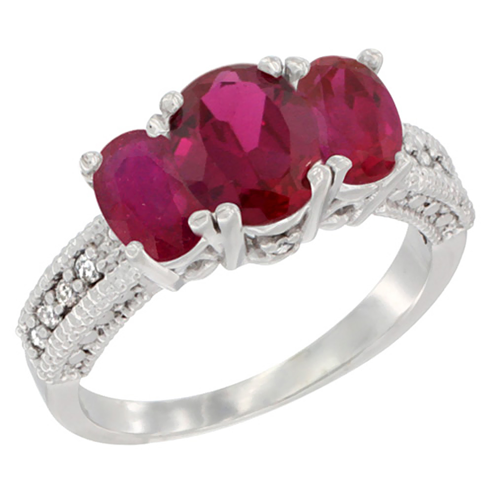 10K White Gold Diamond Quality Ruby 7x5mm & 6x4mm Enhanced Genuine Ruby Oval 3-stone Mothers Ring,sz5-10