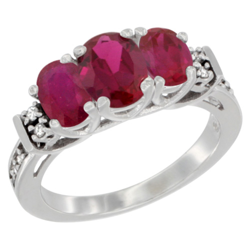 14K White Gold Enhanced Ruby Ring 3-Stone Oval Diamond Accent, sizes 5-10