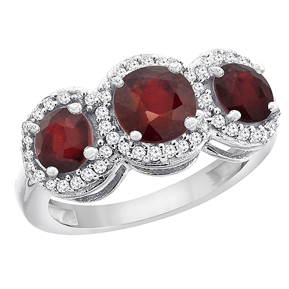 14K White Gold Enhanced Ruby Round 3-stone Ring Diamond Accents, sizes 5 - 10