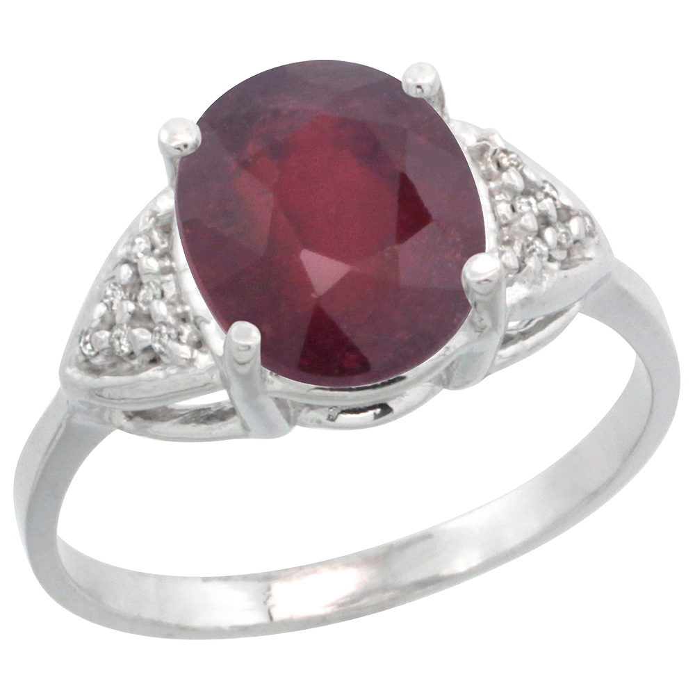 14k White Gold Diamond Enhanced Genuine Ruby Engagement Ring Oval 10x8mm, sizes 5-10