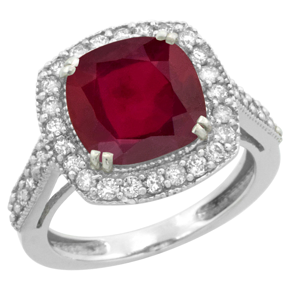 14K White Gold Diamond and Enhanced Genuine Ruby Ring Cushion-cut 9x9mm, sizes 5-10