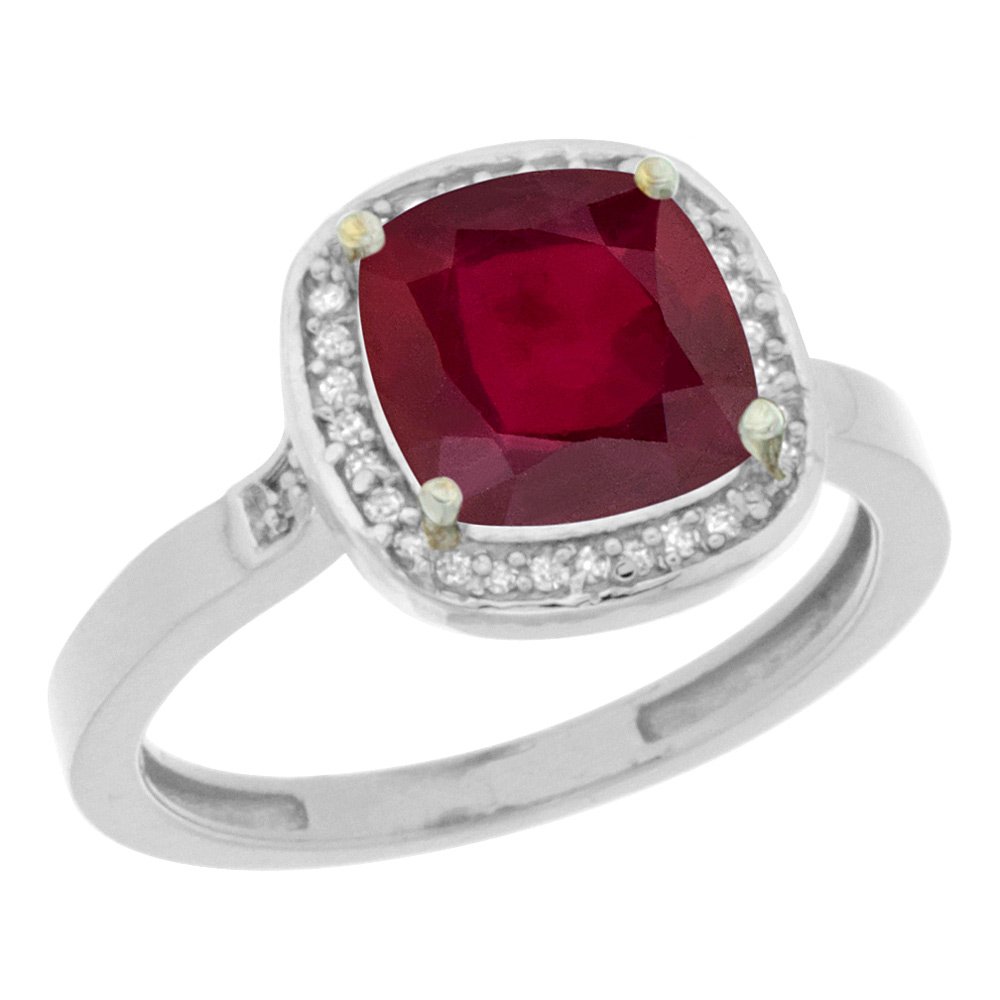 14K Yellow Gold Diamond and Enhanced Genuine Ruby Ring Cushion-cut 8x8mm, sizes 5-10