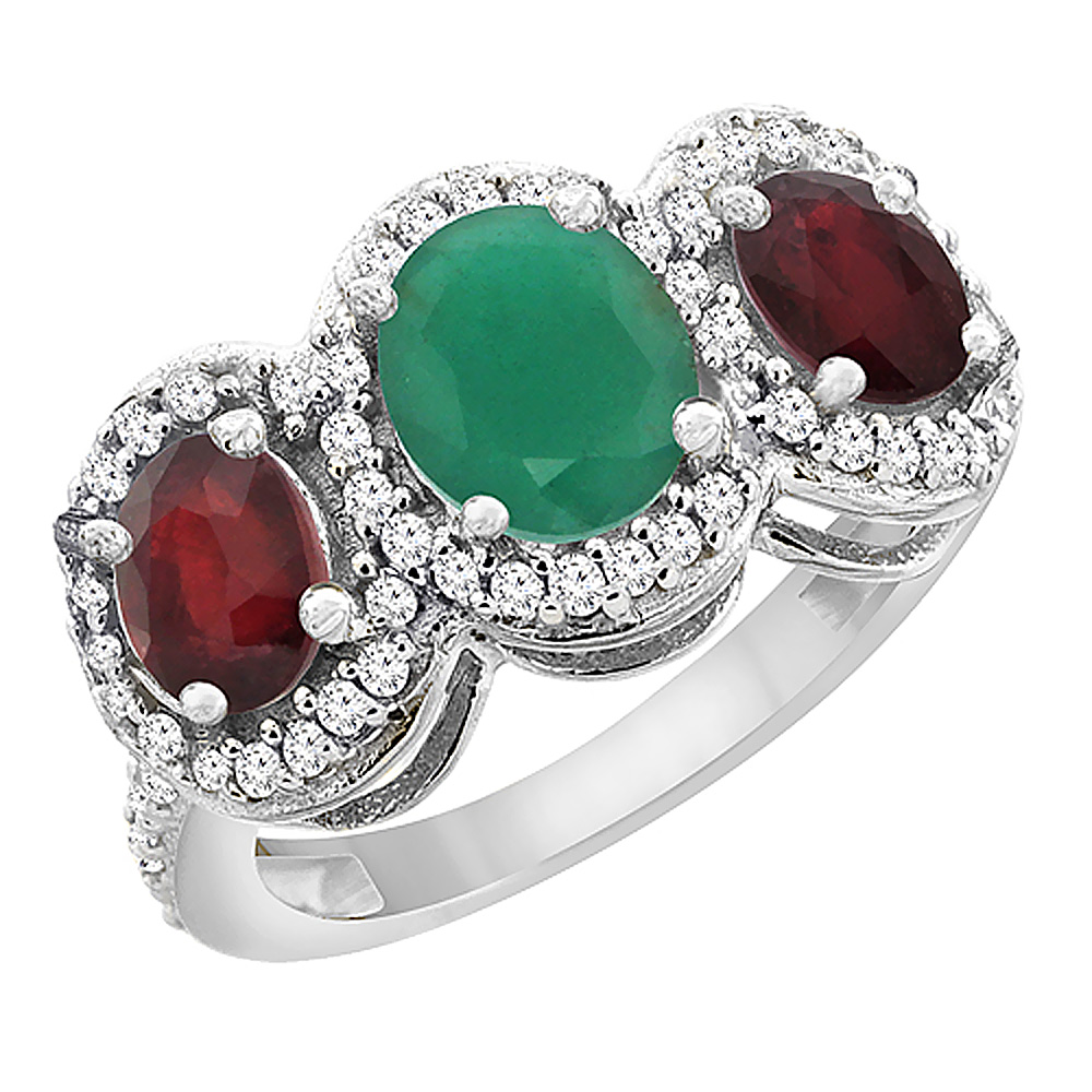 10K White Gold Natural Emerald & Enhanced Ruby 3-Stone Ring Oval Diamond Accent, sizes 5 - 10