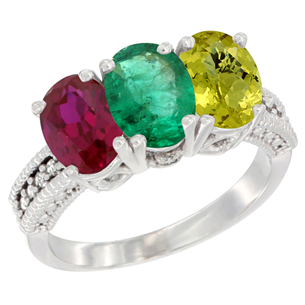 10K White Gold Enhanced Ruby, Natural Emerald & Lemon Quartz Ring 3-Stone Oval 7x5 mm Diamond Accent, sizes 5 - 10