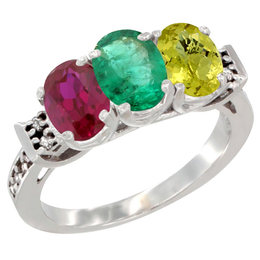 10K White Gold Enhanced Ruby, Natural Emerald &amp; Lemon Quartz Ring 3-Stone Oval 7x5 mm Diamond Accent, sizes 5 - 10