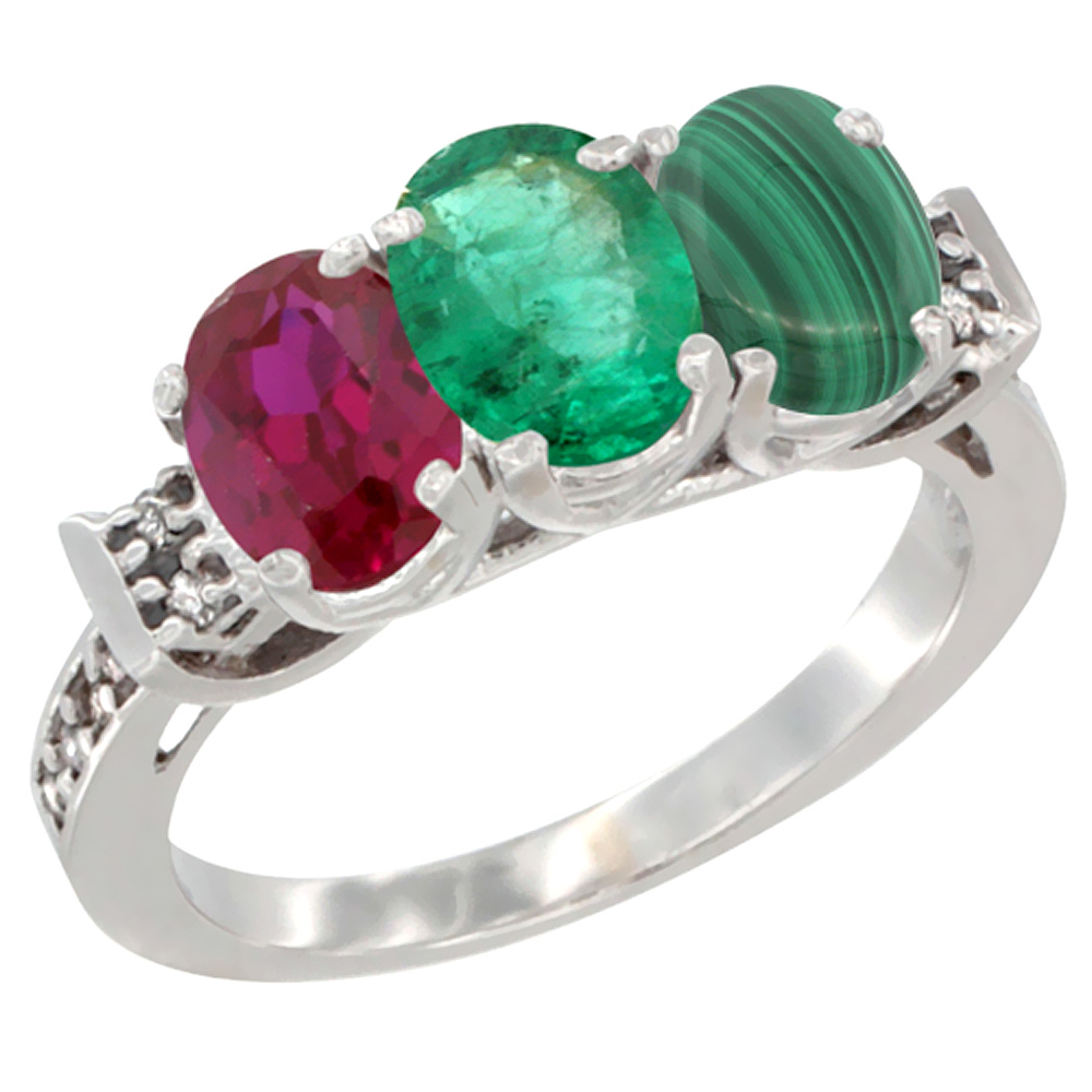 10K White Gold Enhanced Ruby, Natural Emerald &amp; Malachite Ring 3-Stone Oval 7x5 mm Diamond Accent, sizes 5 - 10