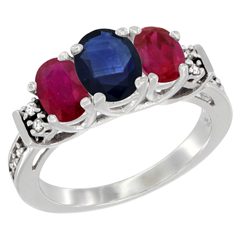 10K White Gold Natural Blue Sapphire &amp; Enhanced Ruby Ring 3-Stone Oval Diamond Accent, sizes 5-10