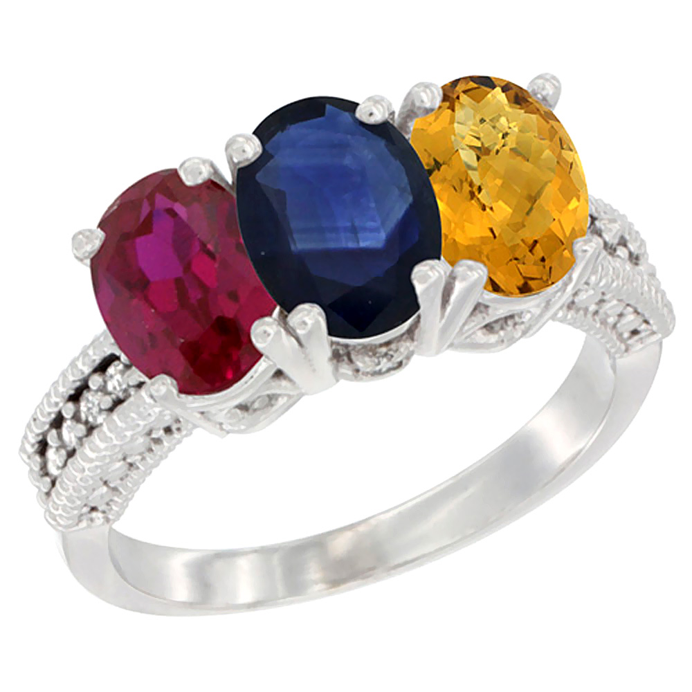 14K White Gold Enhanced Enhanced Ruby, Natural Blue Sapphire & Whisky Quartz Ring 3-Stone Oval 7x5 mm Diamond Accent, sizes 5 - 10