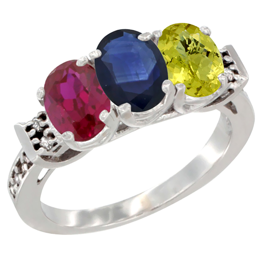 10K White Gold Enhanced Ruby, Natural Blue Sapphire & Lemon Quartz Ring 3-Stone Oval 7x5 mm Diamond Accent, sizes 5 - 10