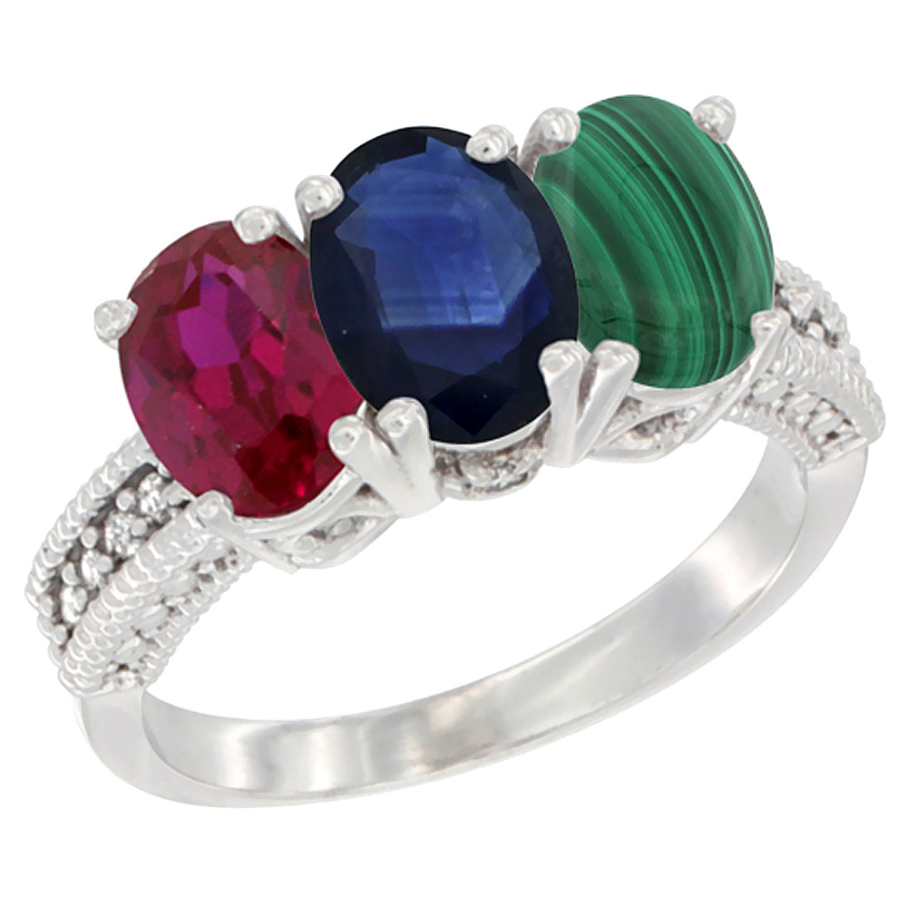 14K White Gold Enhanced Enhanced Ruby, Natural Blue Sapphire &amp; Malachite Ring 3-Stone Oval 7x5 mm Diamond Accent, sizes 5 - 10