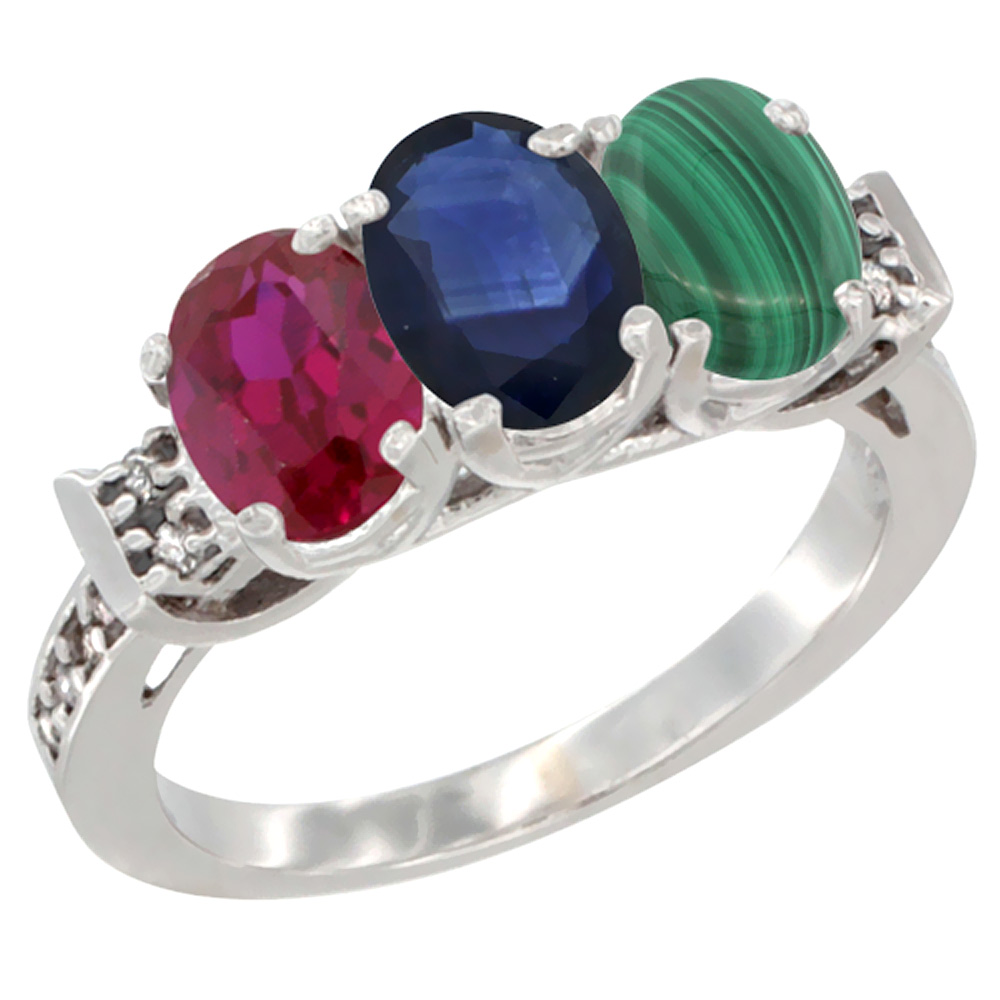 14K White Gold Enhanced Ruby, Natural Blue Sapphire & Malachite Ring 3-Stone Oval 7x5 mm Diamond Accent, sizes 5 - 10