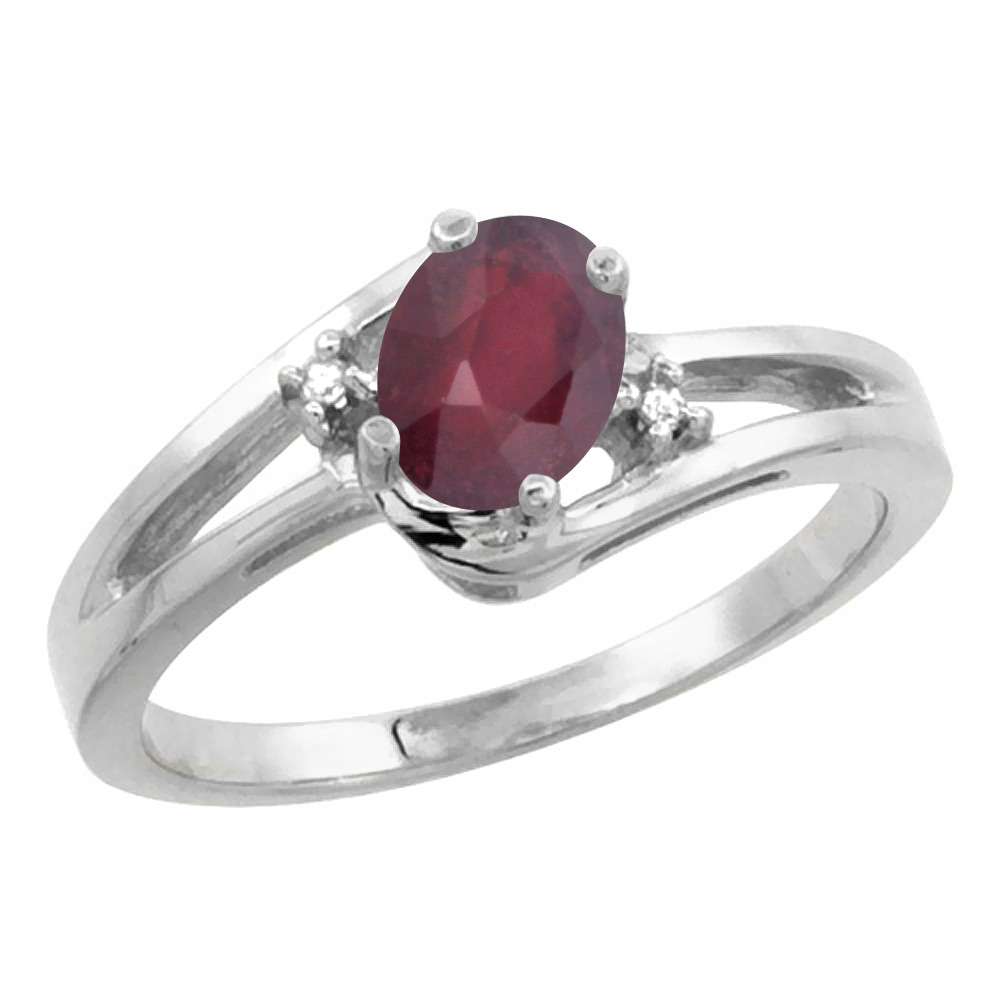 14K White Gold Diamond Enhanced Genuine Ruby Ring Oval 6x4 mm, sizes 5-10